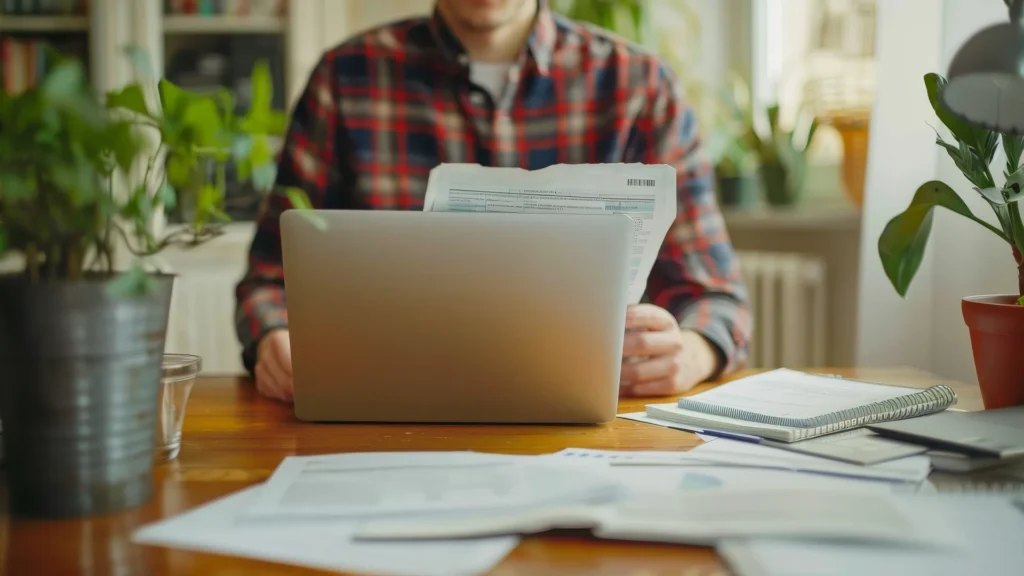 شخص يراجع أوراق الضرائب على حاسوب في خبر إعفاء ضريبي لمتضرري فيضانات تكساس